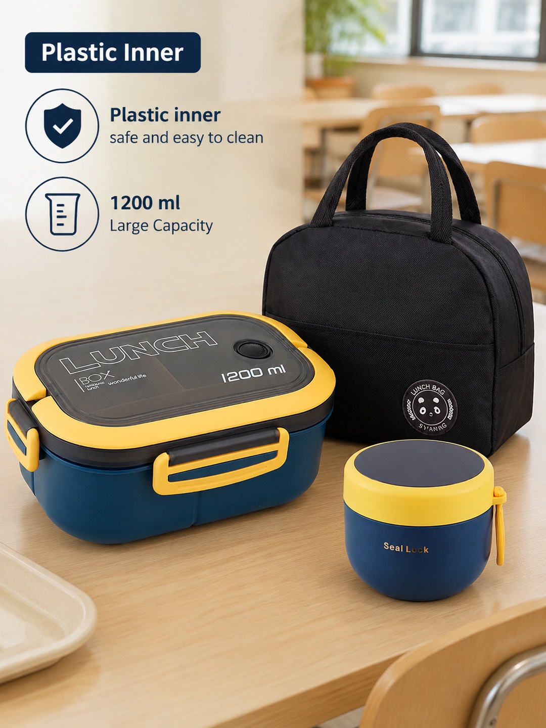 Blue and Yellow 1200ml Plastic Lunch Box with Insulated Bag