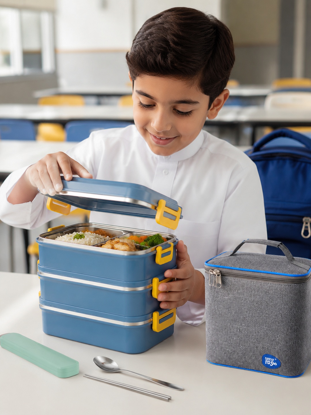 Blue 3-Tier 2400ml Insulated Stainless Steel Lunch Box Set