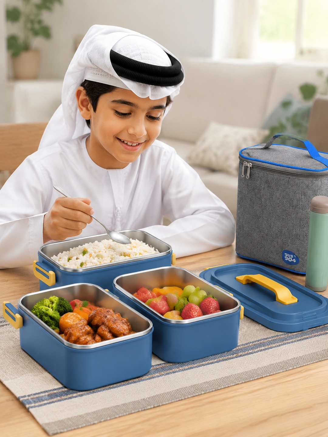 Blue 3-Tier 2400ml Insulated Stainless Steel Lunch Box Set