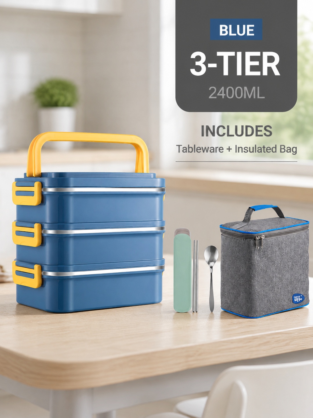 Blue 3-Tier 2400ml Insulated Stainless Steel Lunch Box Set