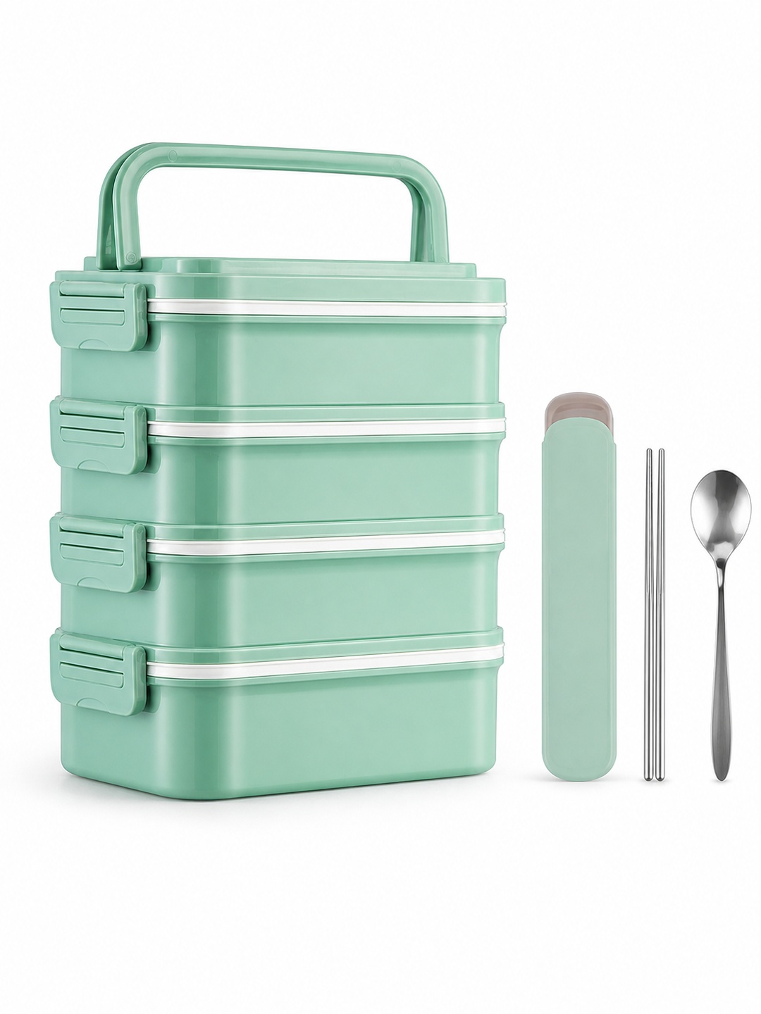 Green 4-Tier 3600ml Lunch Box with Handle, Spoon and Chopsticks