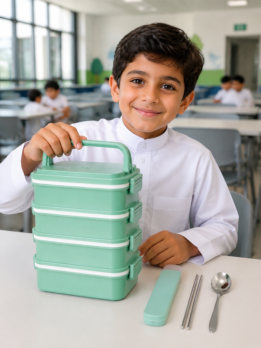 Green 4-Tier 3600ml Lunch Box with Handle, Spoon and Chopsticks