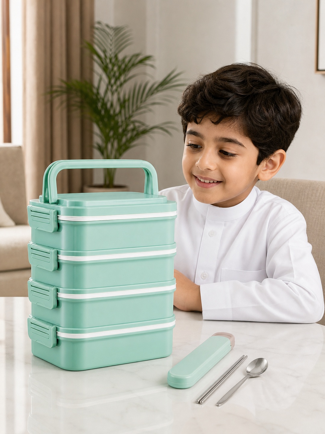 Green 4-Tier 3600ml Lunch Box with Handle, Spoon and Chopsticks