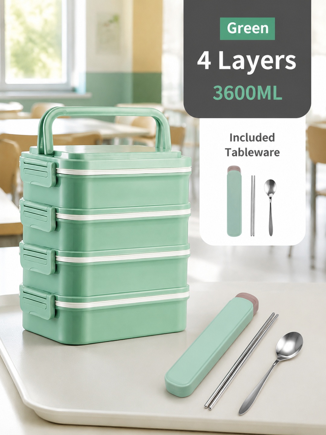 Green 4-Tier 3600ml Lunch Box with Handle, Spoon and Chopsticks