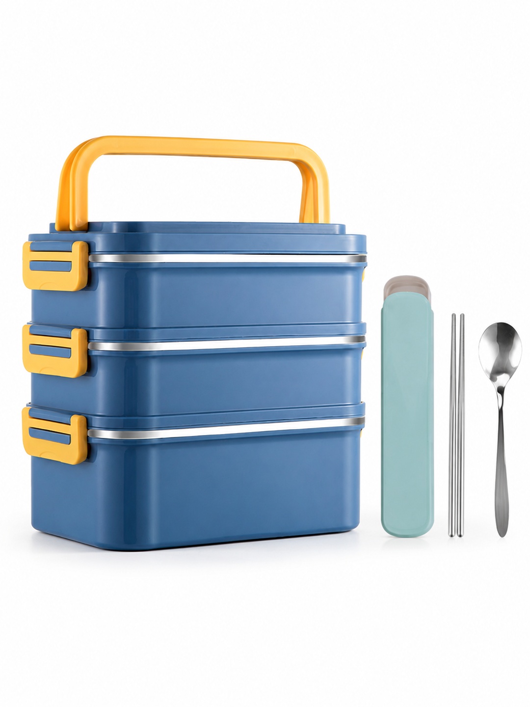 Blue 3-Tier 2400ml Stainless Steel Lunch Box with Cutlery