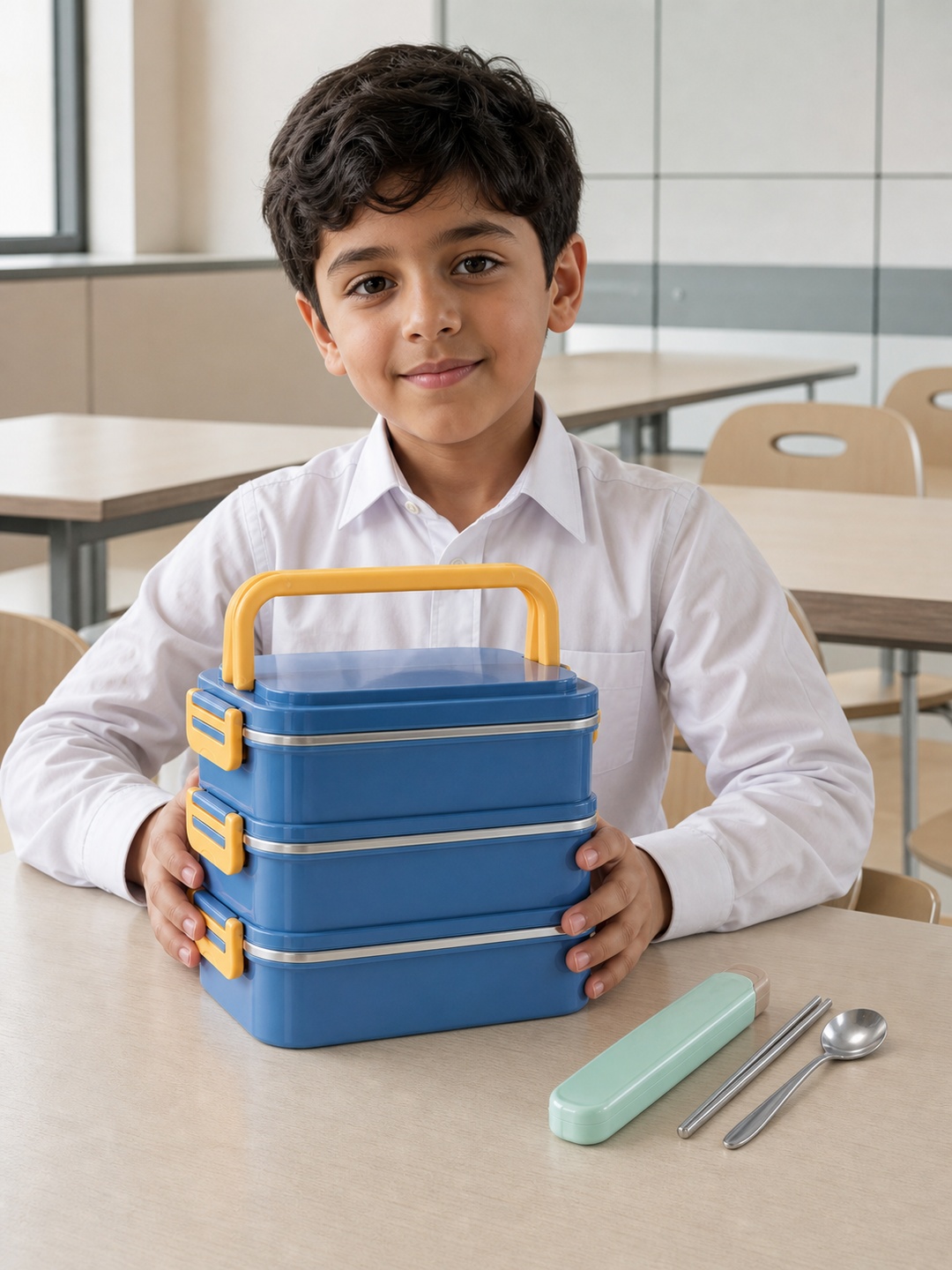 Blue 3-Tier 2400ml Stainless Steel Lunch Box with Cutlery