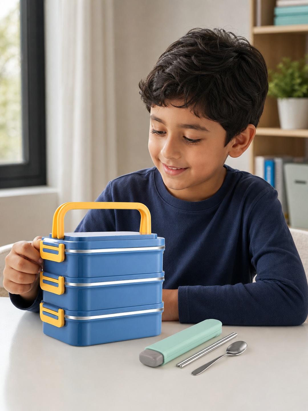 Blue 3-Tier 2400ml Stainless Steel Lunch Box with Cutlery
