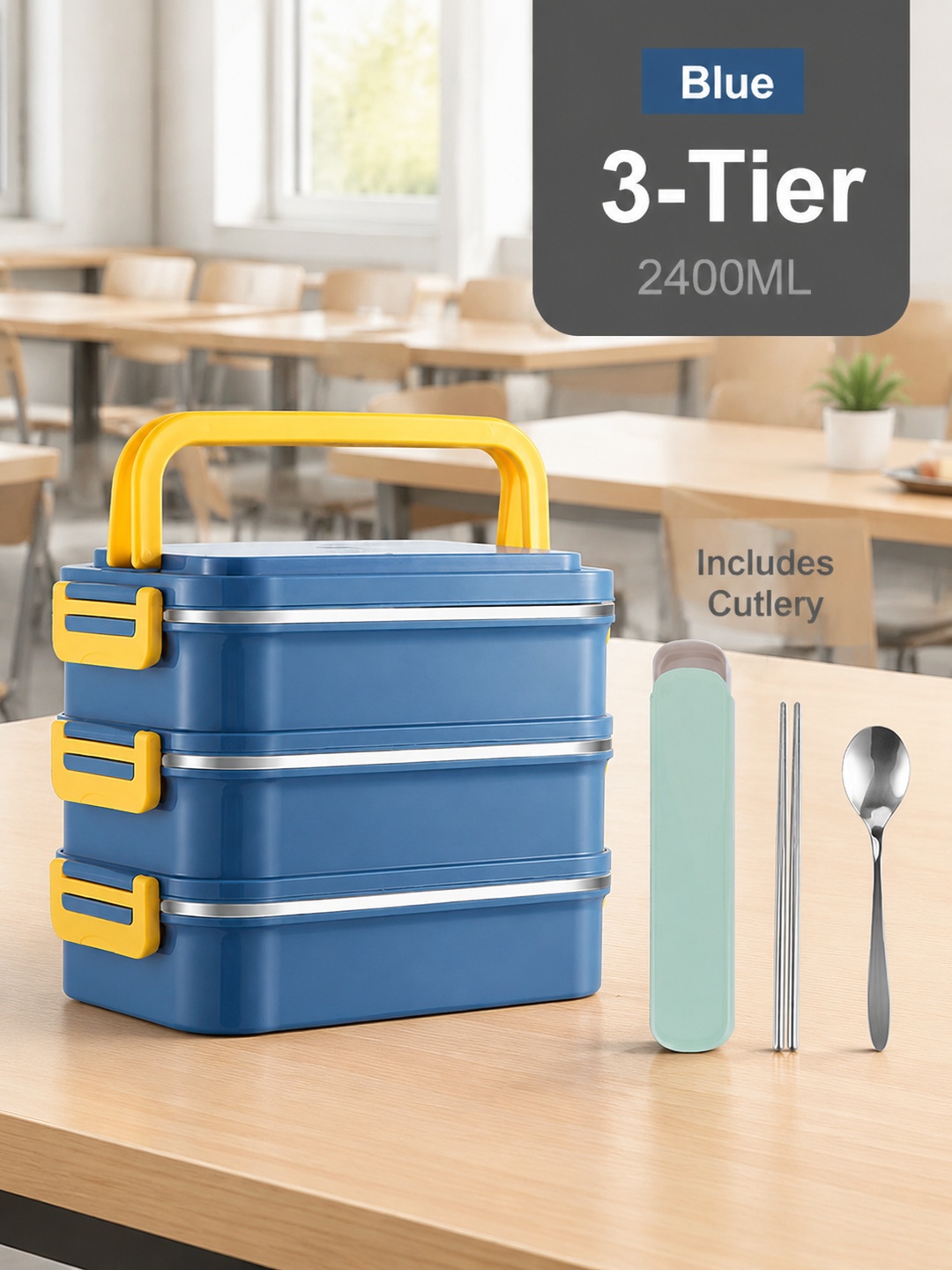 Blue 3-Tier 2400ml Stainless Steel Lunch Box with Cutlery