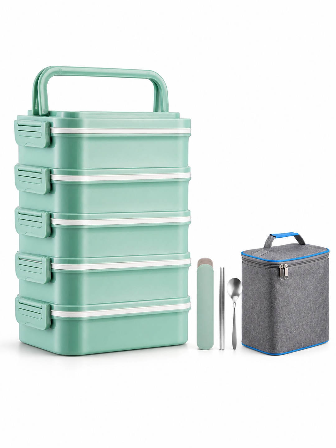 Green 5-Tier 4500ml Lunch Box with Cutlery and Insulated Bag
