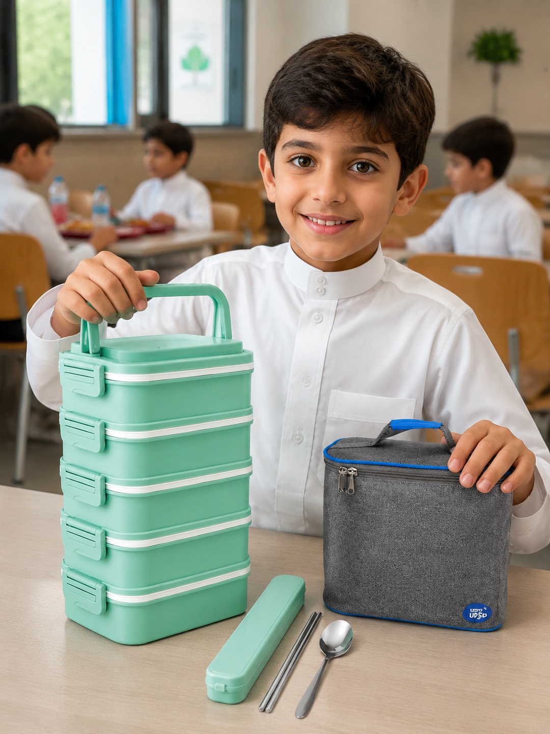 Green 5-Tier 4500ml Lunch Box with Cutlery and Insulated Bag