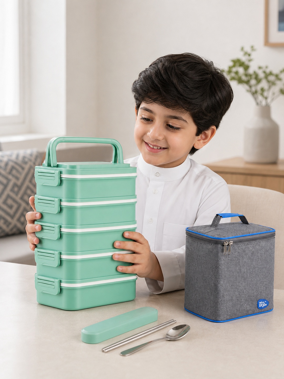 Green 5-Tier 4500ml Lunch Box with Cutlery and Insulated Bag