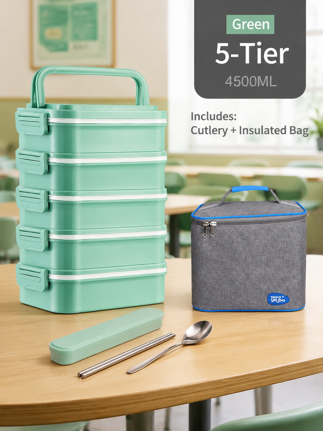 Green 5-Tier 4500ml Lunch Box with Cutlery and Insulated Bag