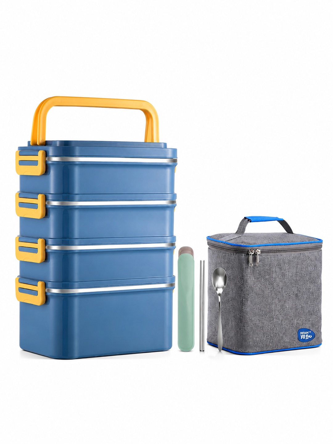 Blue 4-Tier 3300ml Stainless Steel Lunch Box with Utensil Set Bag