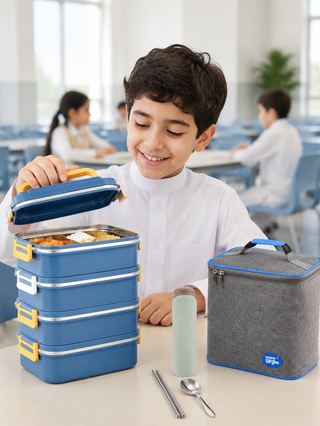 Blue 4-Tier 3300ml Stainless Steel Lunch Box with Utensil Set Bag