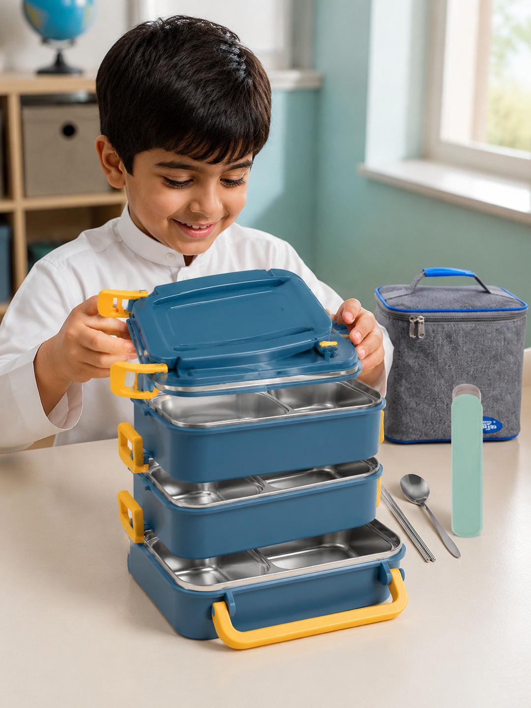 Blue 4-Tier 3300ml Stainless Steel Lunch Box with Utensil Set Bag