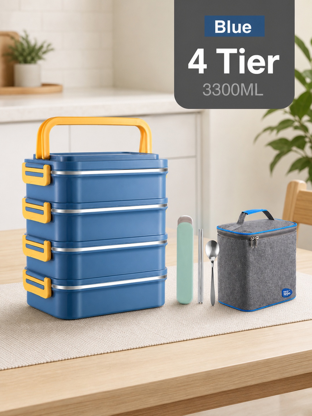 Blue 4-Tier 3300ml Stainless Steel Lunch Box with Utensil Set Bag