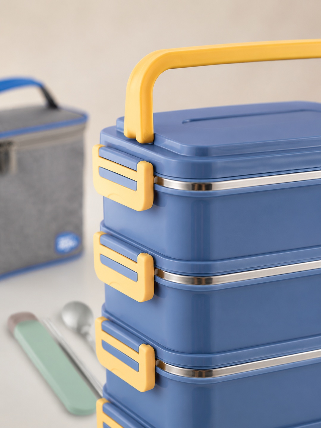 Blue 4-Tier 3300ml Stainless Steel Lunch Box with Utensil Set Bag