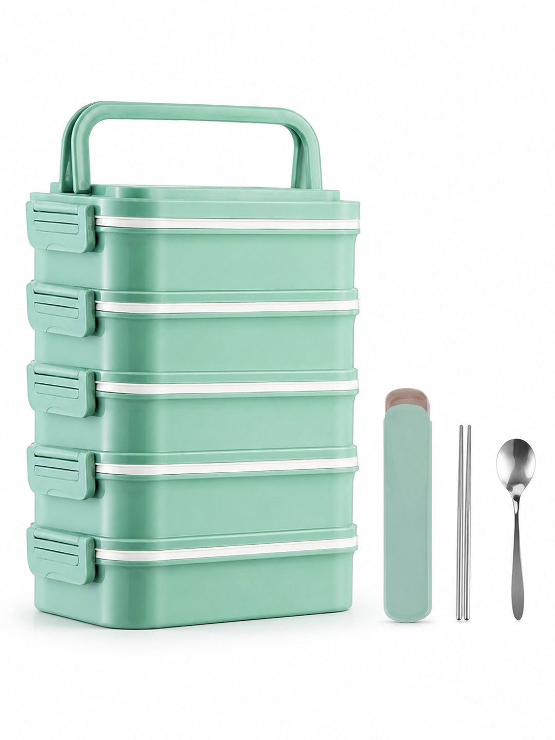 Green 5-Tier 4500ml Lunch Box with Spoon and Chopsticks