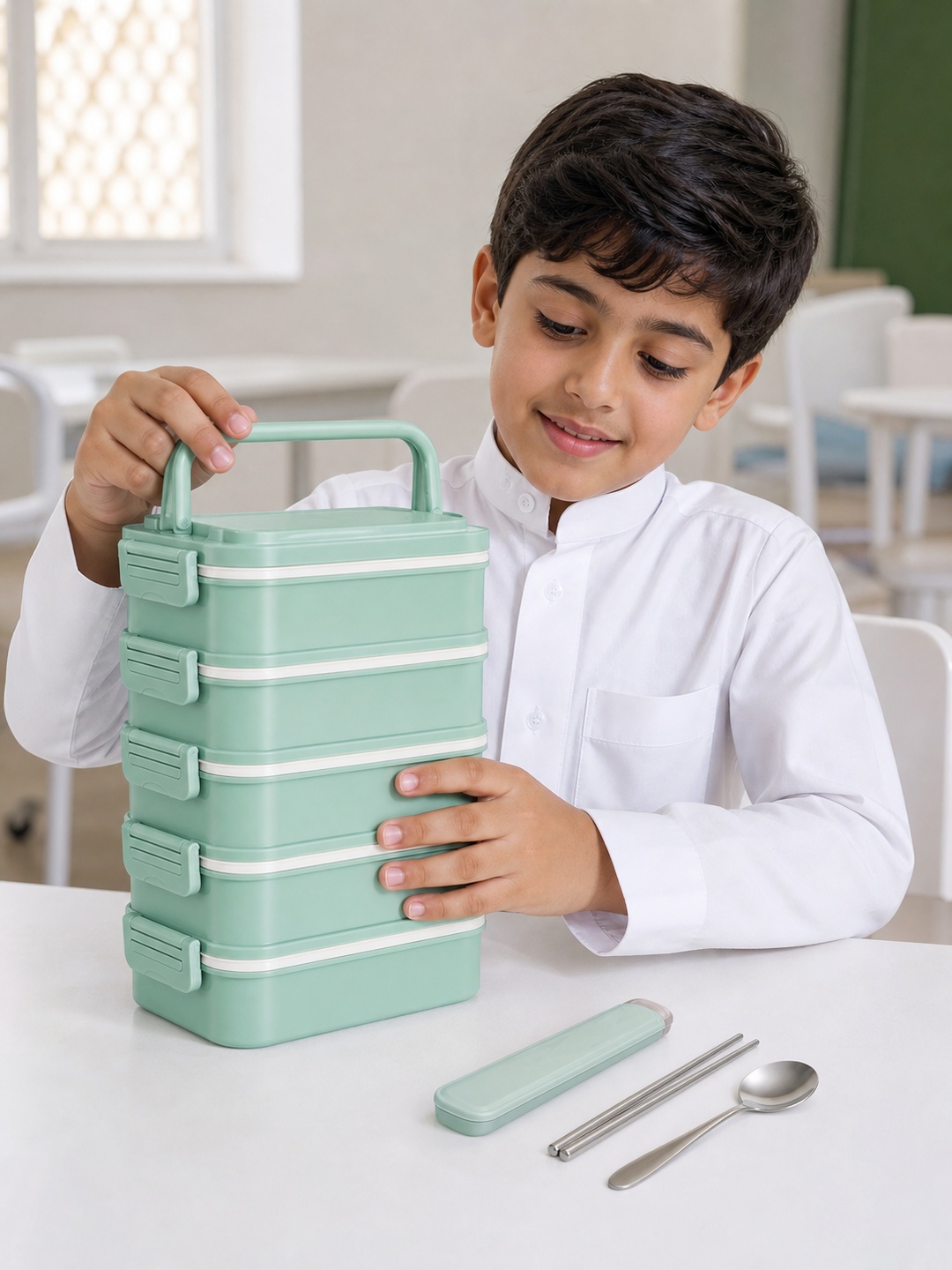Green 5-Tier 4500ml Lunch Box with Spoon and Chopsticks