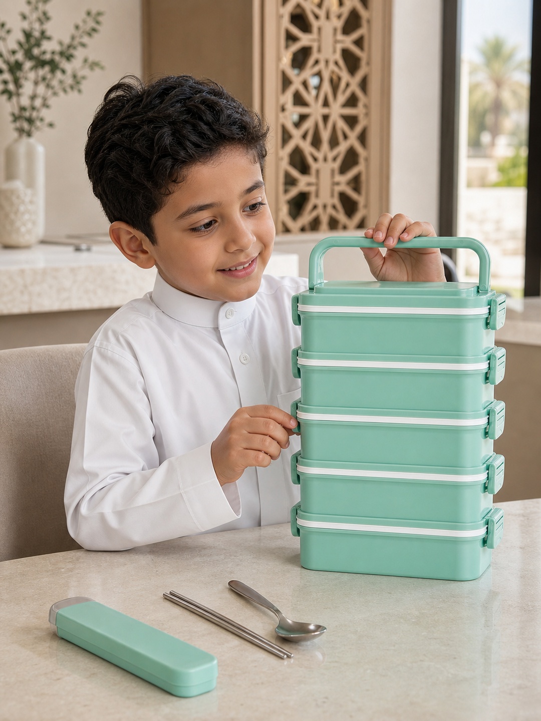 Green 5-Tier 4500ml Lunch Box with Spoon and Chopsticks