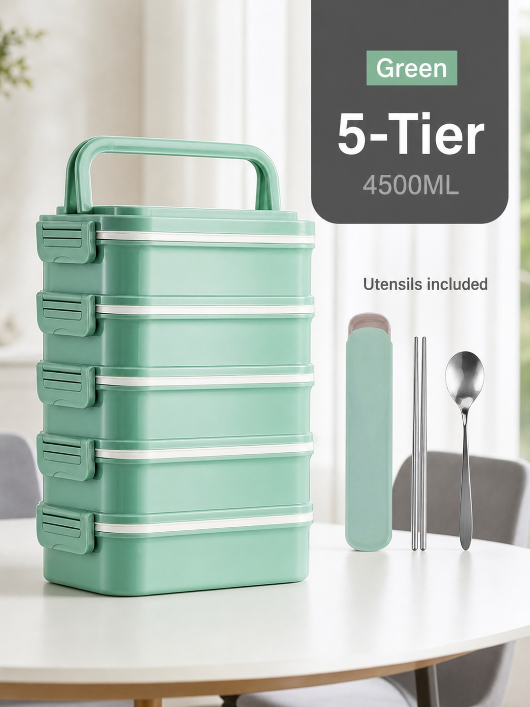 Green 5-Tier 4500ml Lunch Box with Spoon and Chopsticks