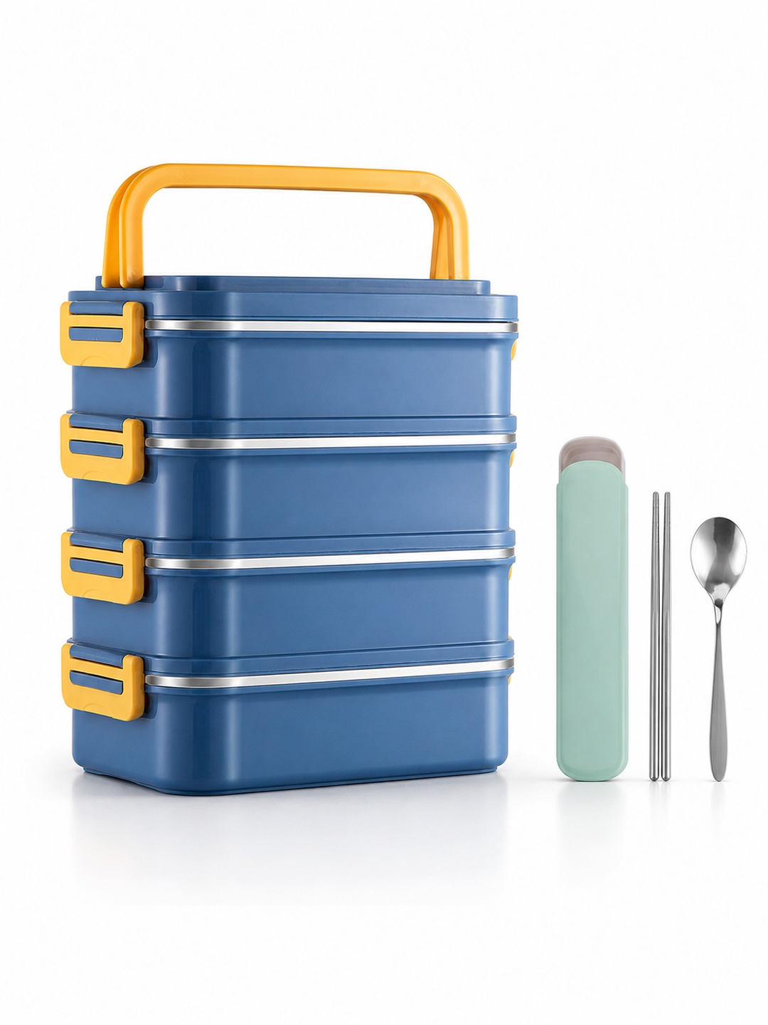 Blue 4-Tier 3300ml Stainless Steel Lunch Box with Cutlery