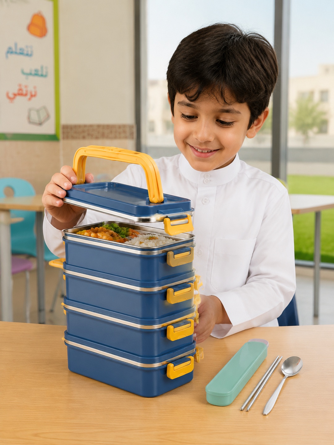 Blue 4-Tier 3300ml Stainless Steel Lunch Box with Cutlery