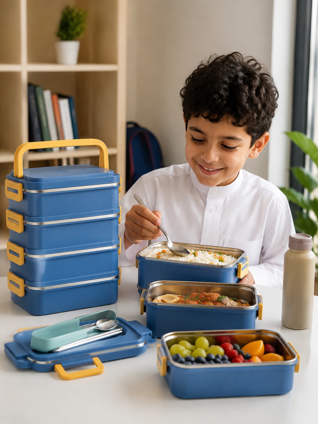 Blue 4-Tier 3300ml Stainless Steel Lunch Box with Cutlery