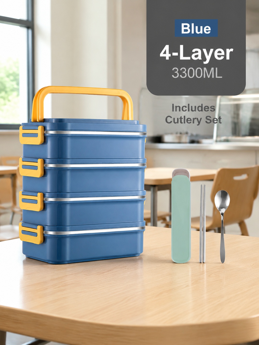 Blue 4-Tier 3300ml Stainless Steel Lunch Box with Cutlery
