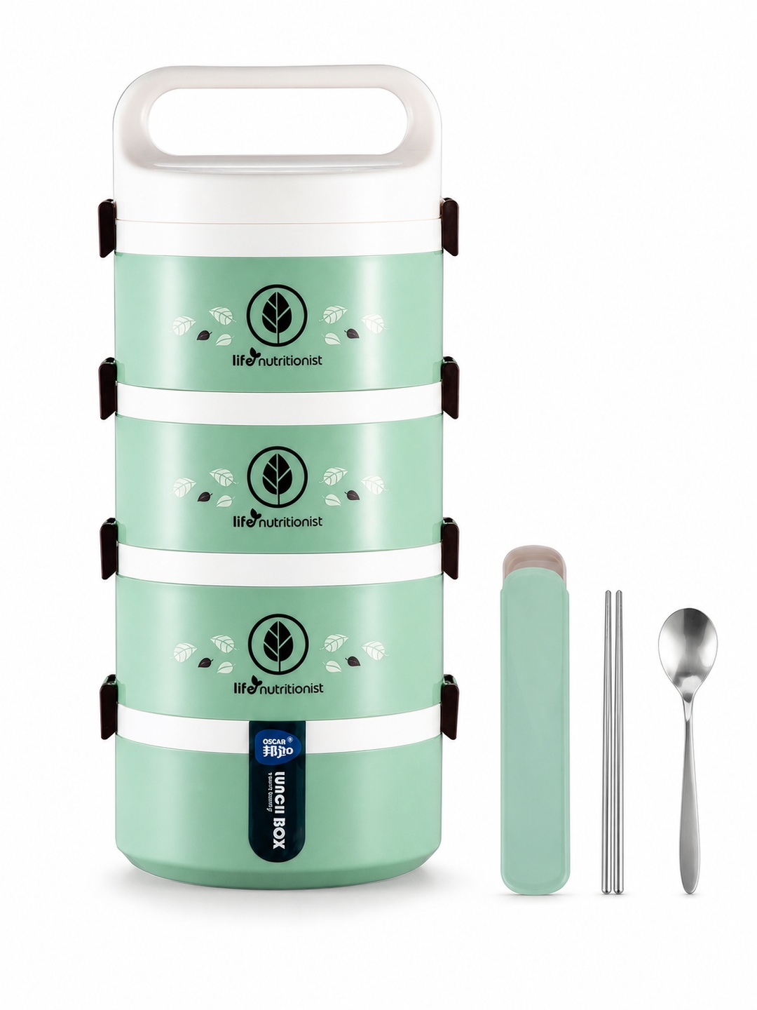 Green 4-Tier 2450ml Stackable Lunch Box with Spoon and Chopsticks