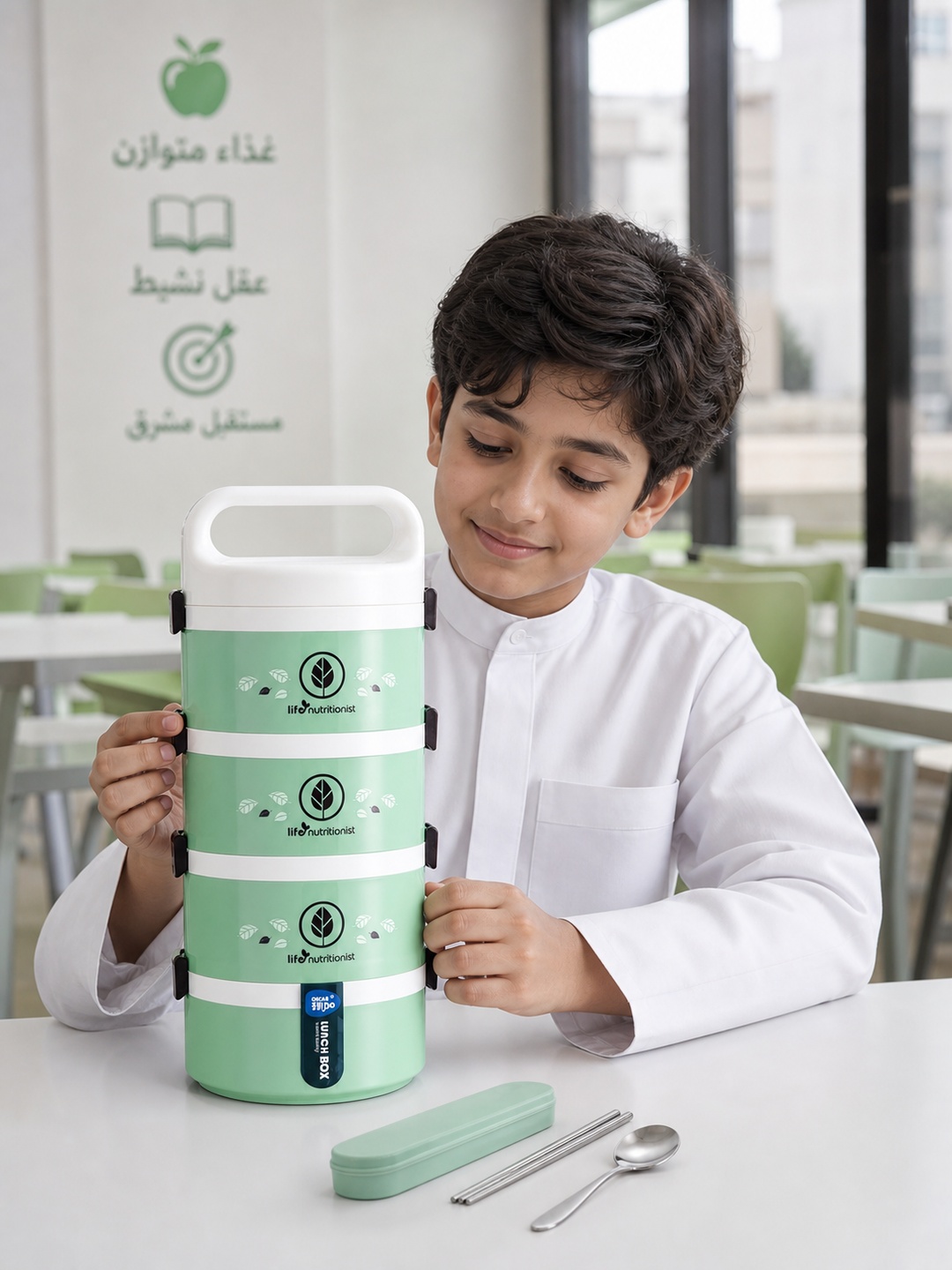 Green 4-Tier 2450ml Stackable Lunch Box with Spoon and Chopsticks