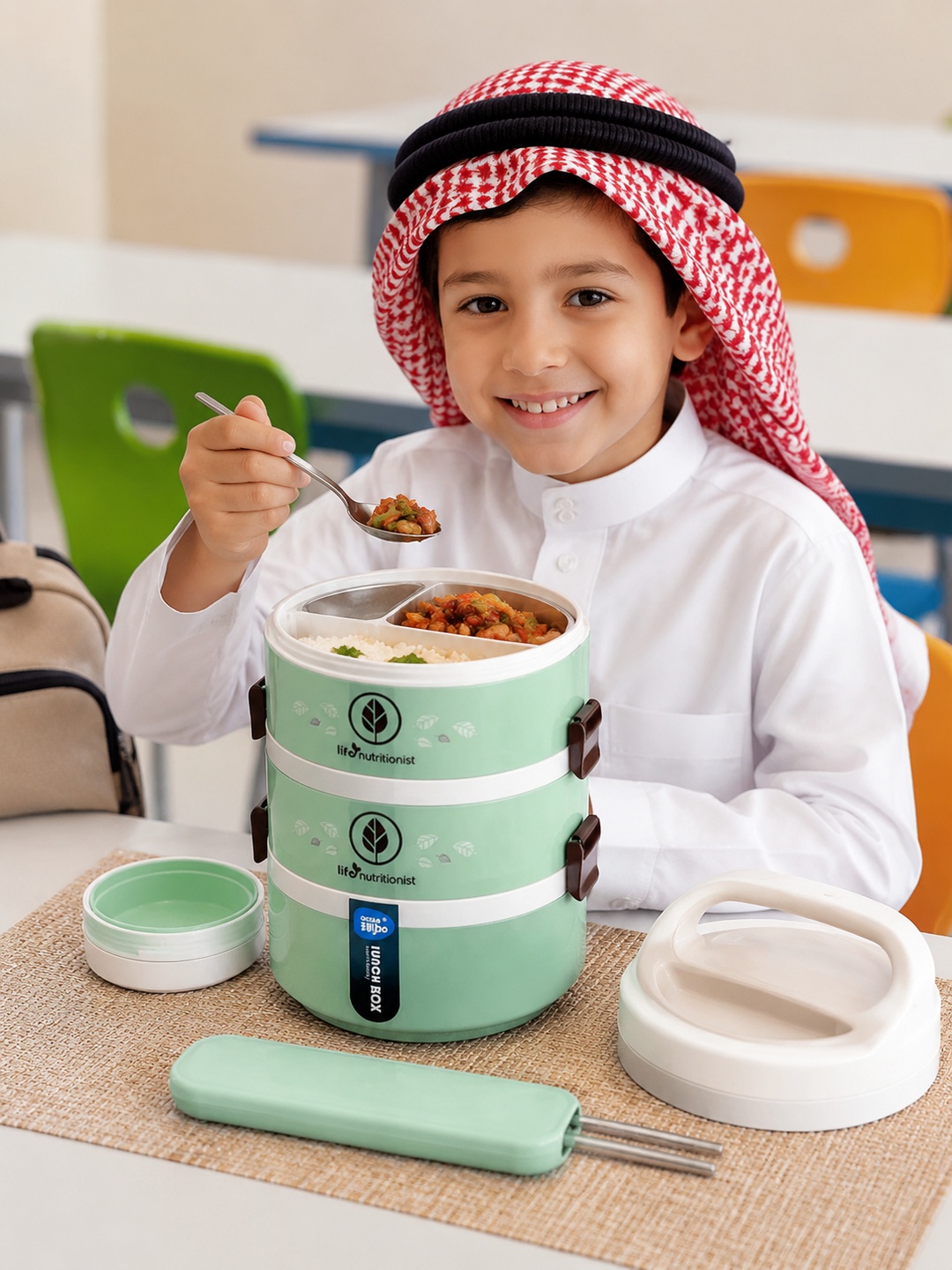 Green 4-Tier 2450ml Stackable Lunch Box with Spoon and Chopsticks