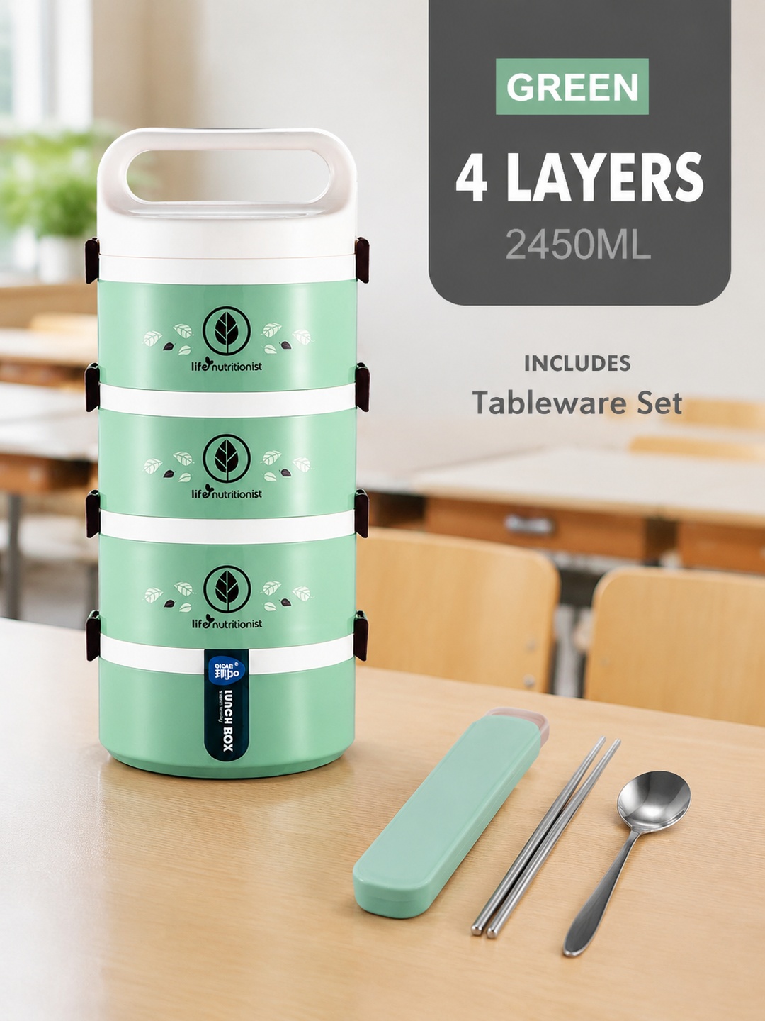 Green 4-Tier 2450ml Stackable Lunch Box with Spoon and Chopsticks