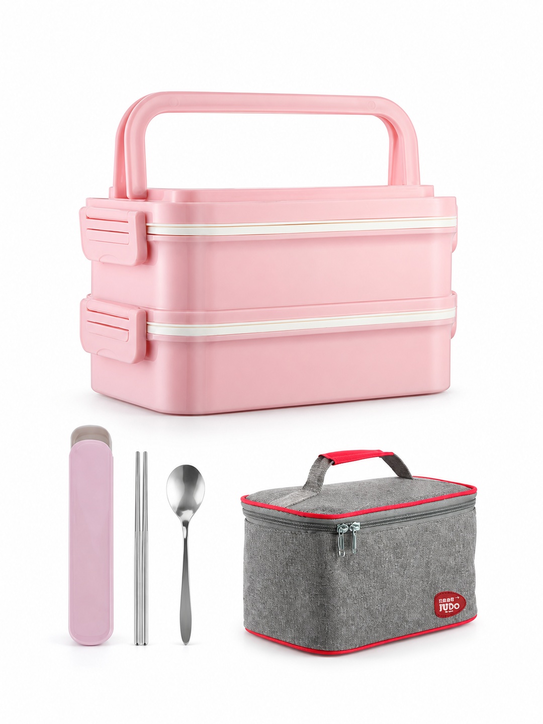 Pink 2-Tier 1800ml Lunch Box with Cutlery and Insulated Bag