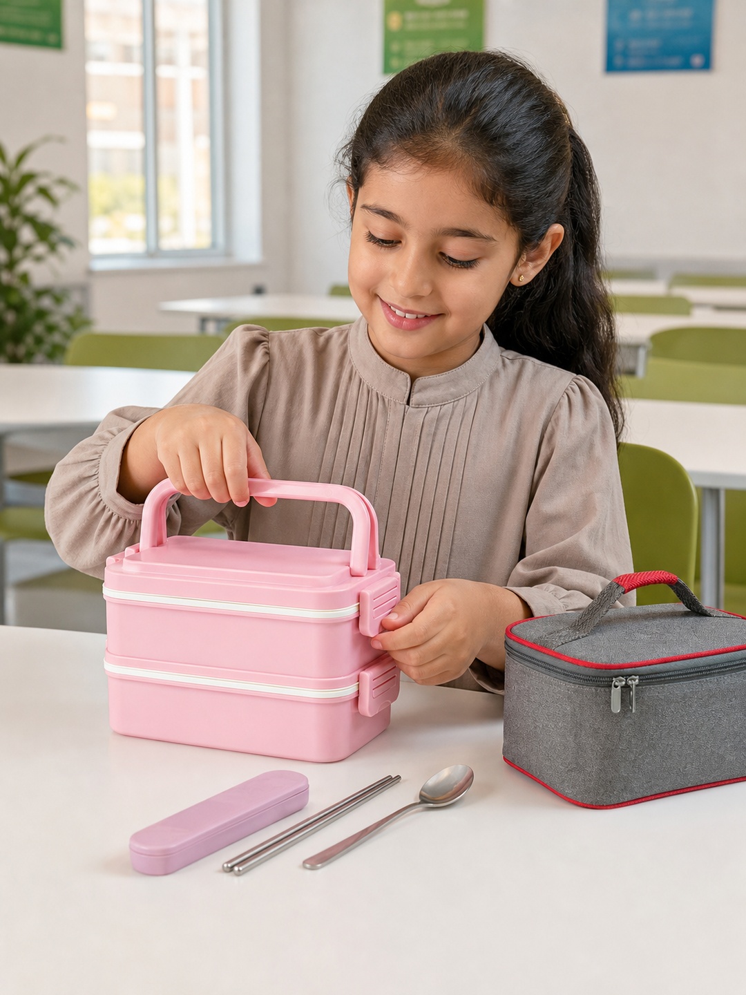 Pink 2-Tier 1800ml Lunch Box with Cutlery and Insulated Bag