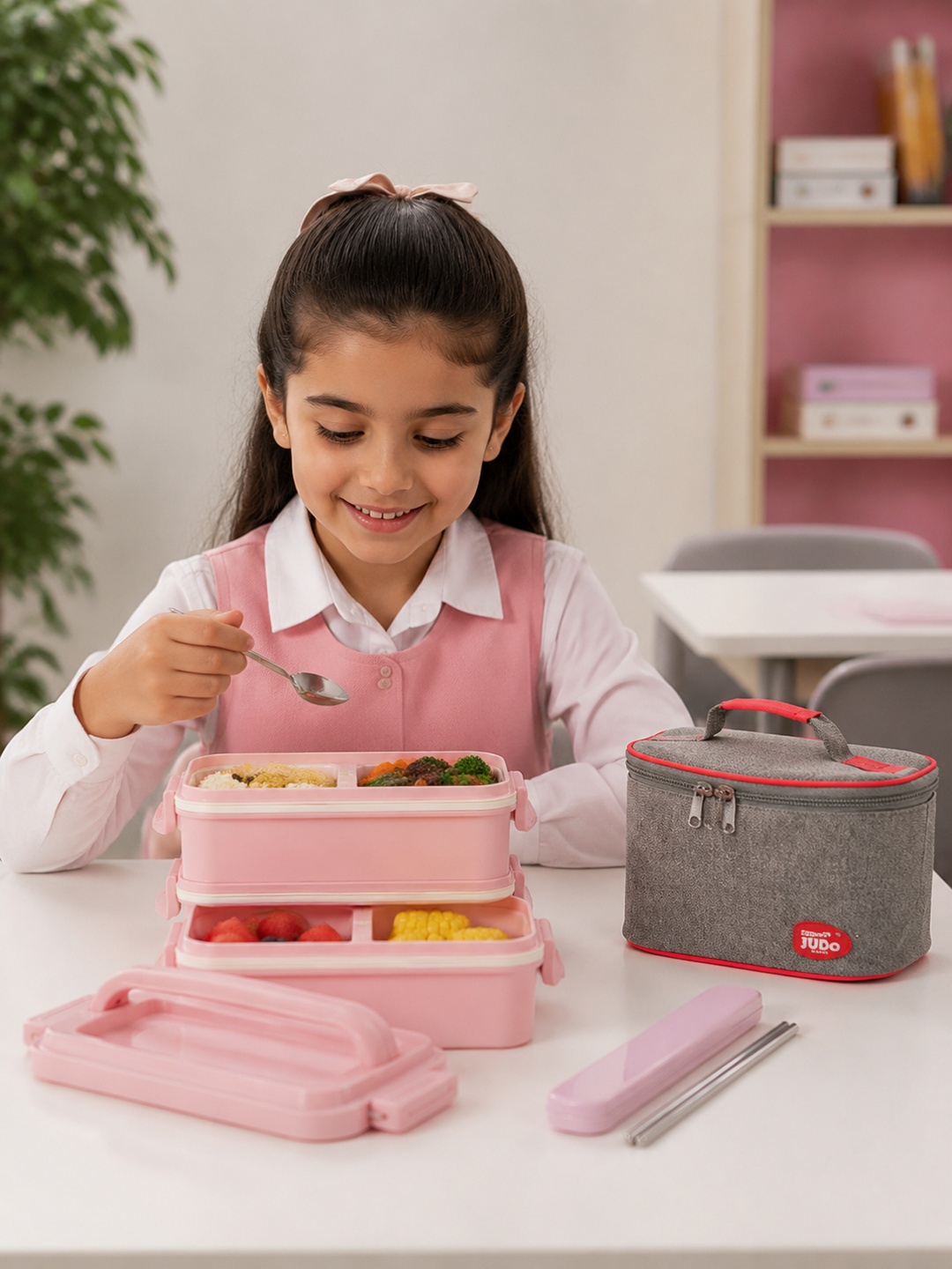 Pink 2-Tier 1800ml Lunch Box with Cutlery and Insulated Bag