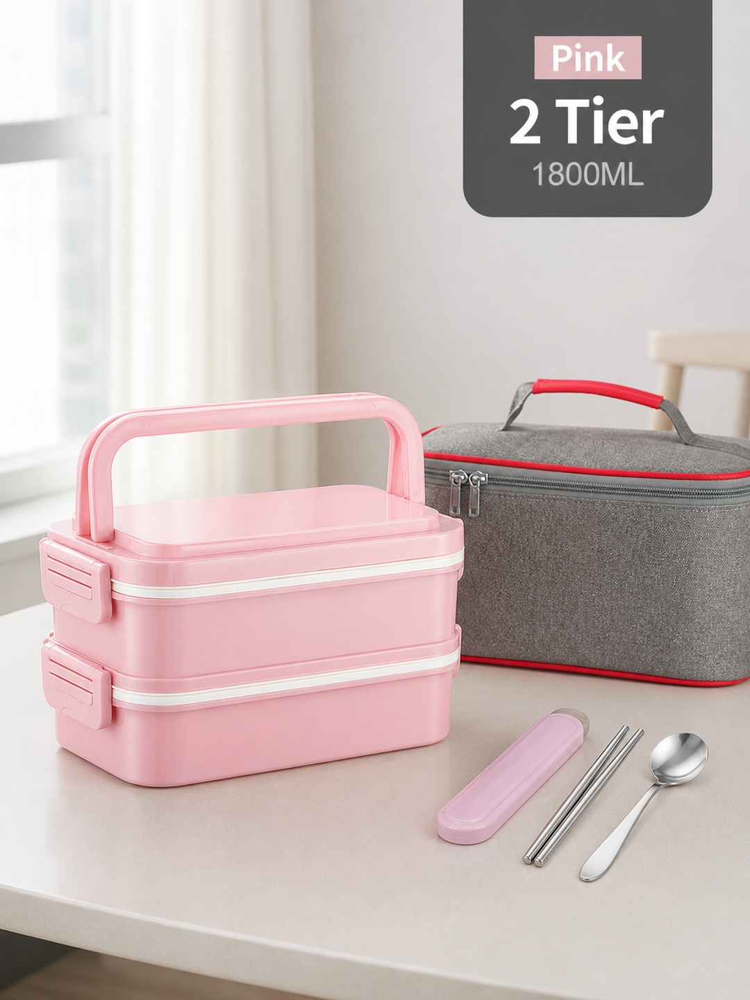Pink 2-Tier 1800ml Lunch Box with Cutlery and Insulated Bag