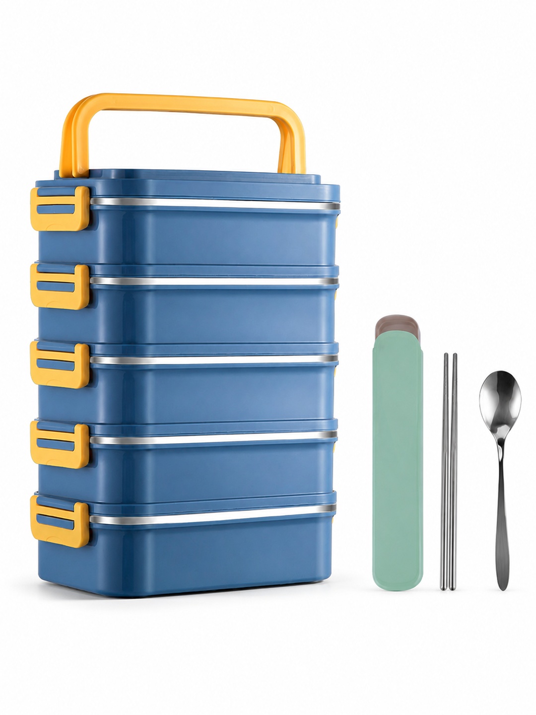 Blue 5-Tier Stainless Steel Insulated Lunch Box Set with Utensils