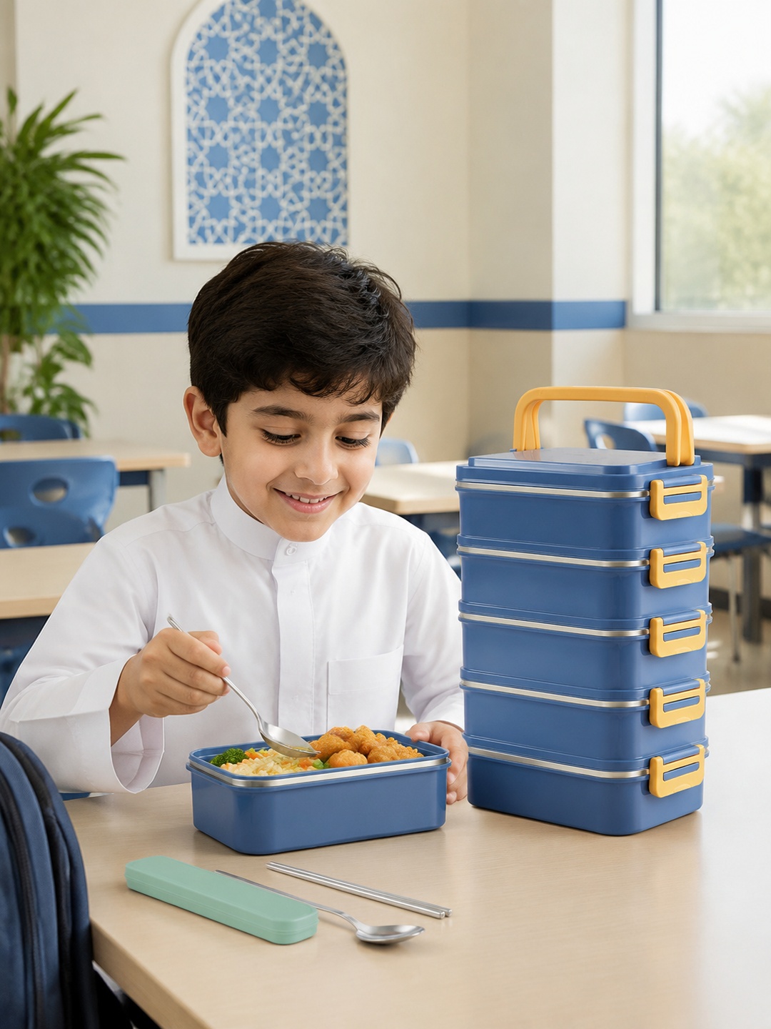 Blue 5-Tier Stainless Steel Insulated Lunch Box Set with Utensils