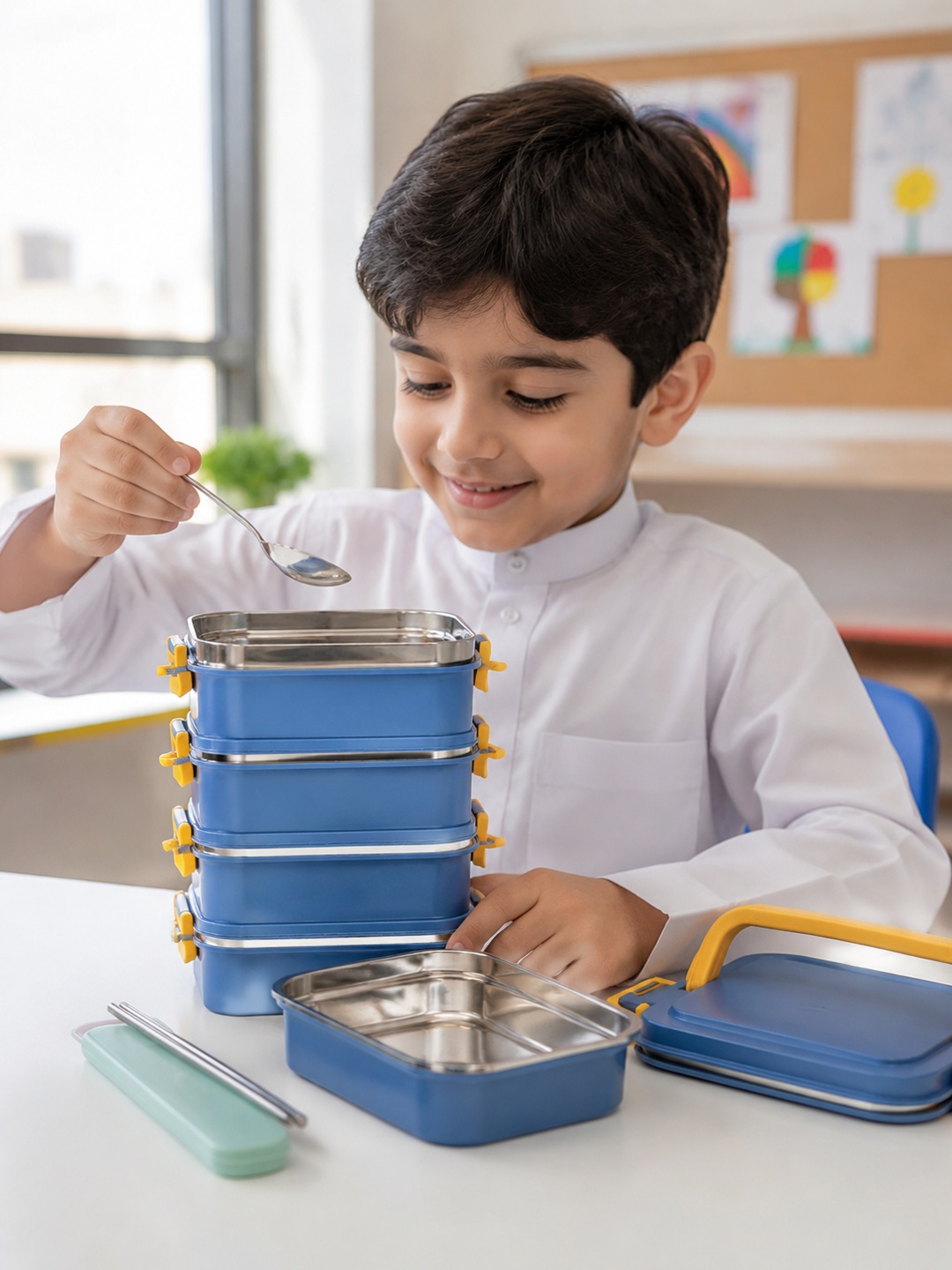 Blue 5-Tier Stainless Steel Insulated Lunch Box Set with Utensils