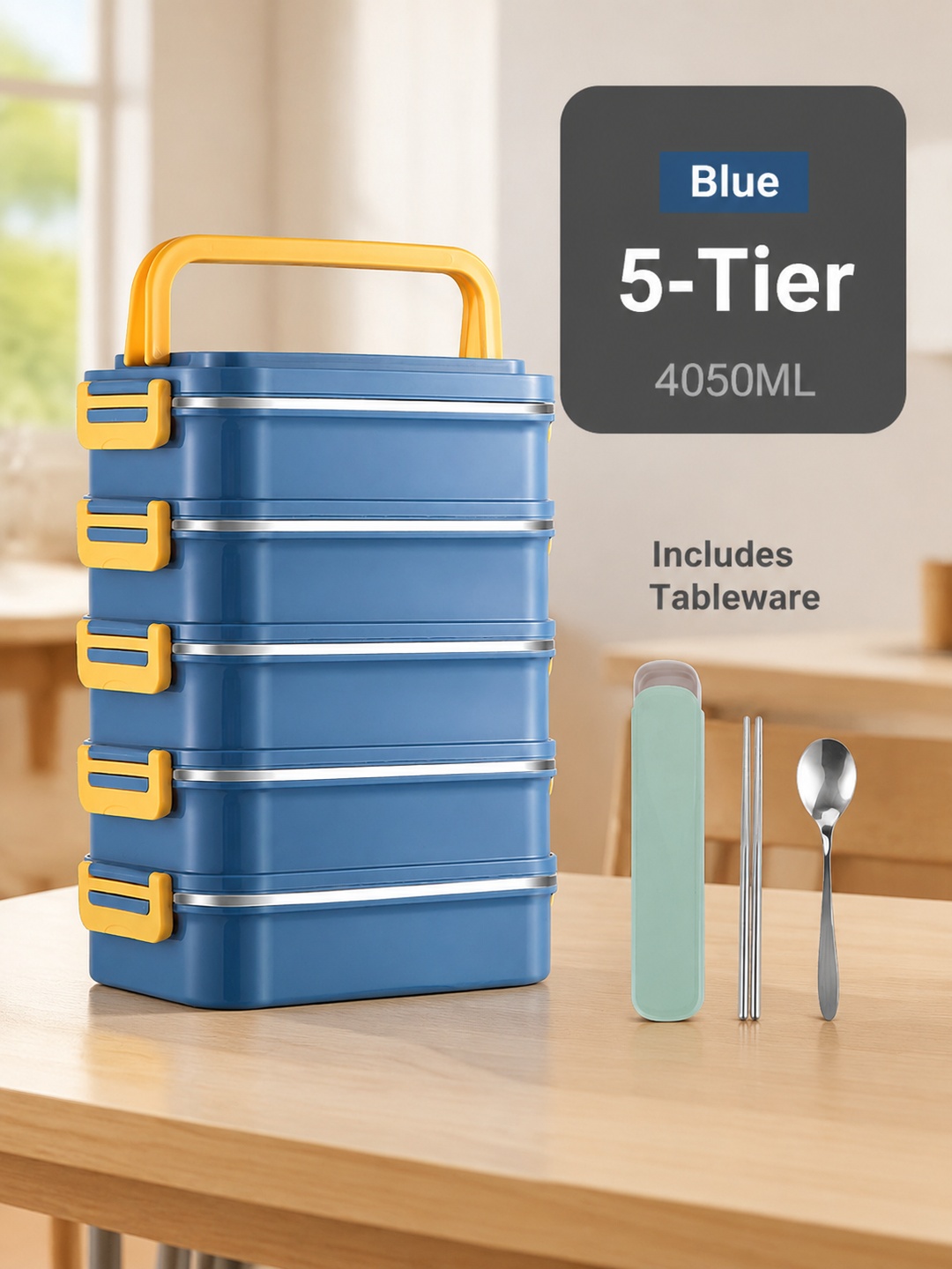 Blue 5-Tier Stainless Steel Insulated Lunch Box Set with Utensils