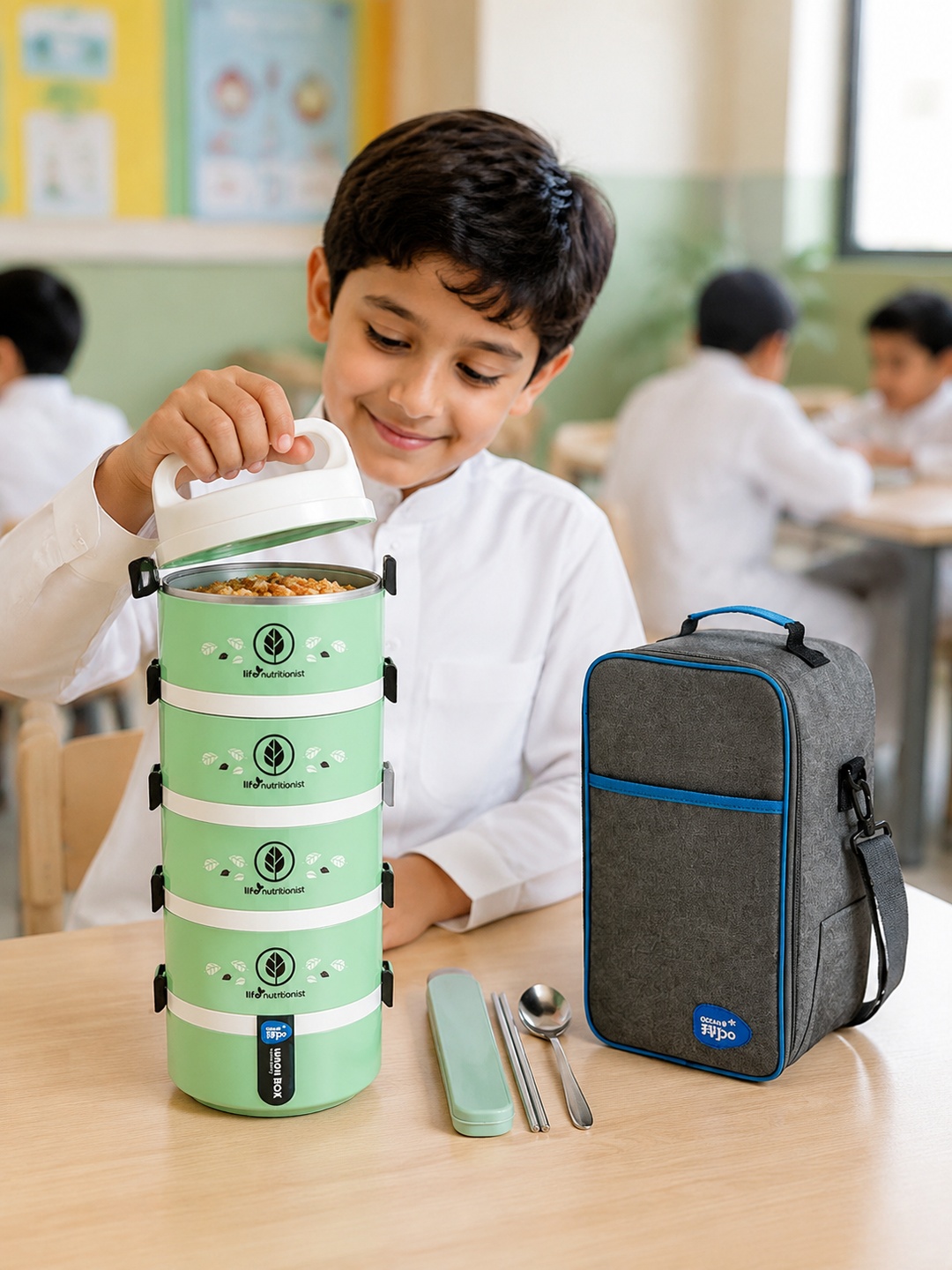 Green 5-Tier 3650ml Insulated Lunch Box Set with Bag and Utensils