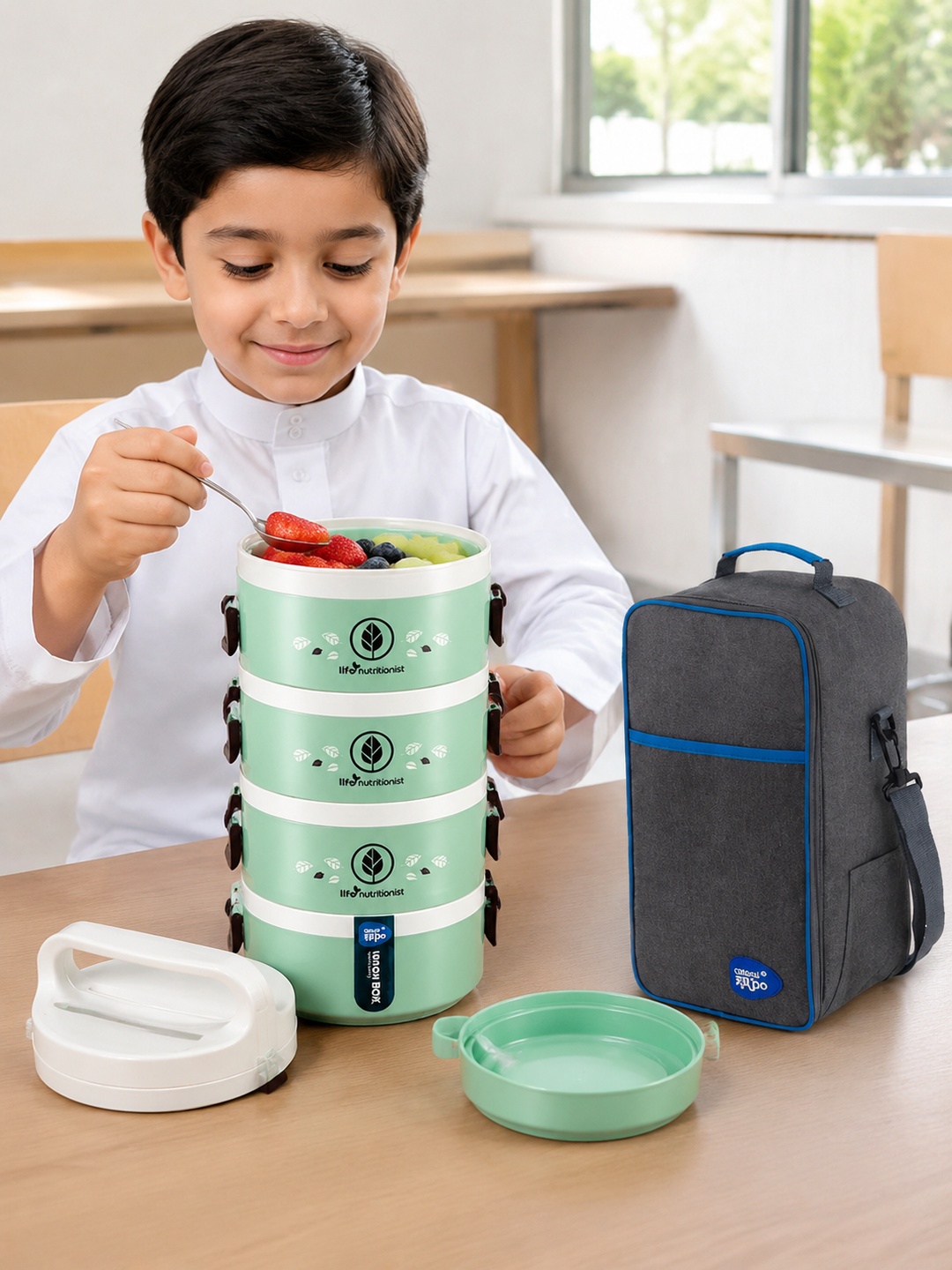 Green 5-Tier 3650ml Insulated Lunch Box Set with Bag and Utensils