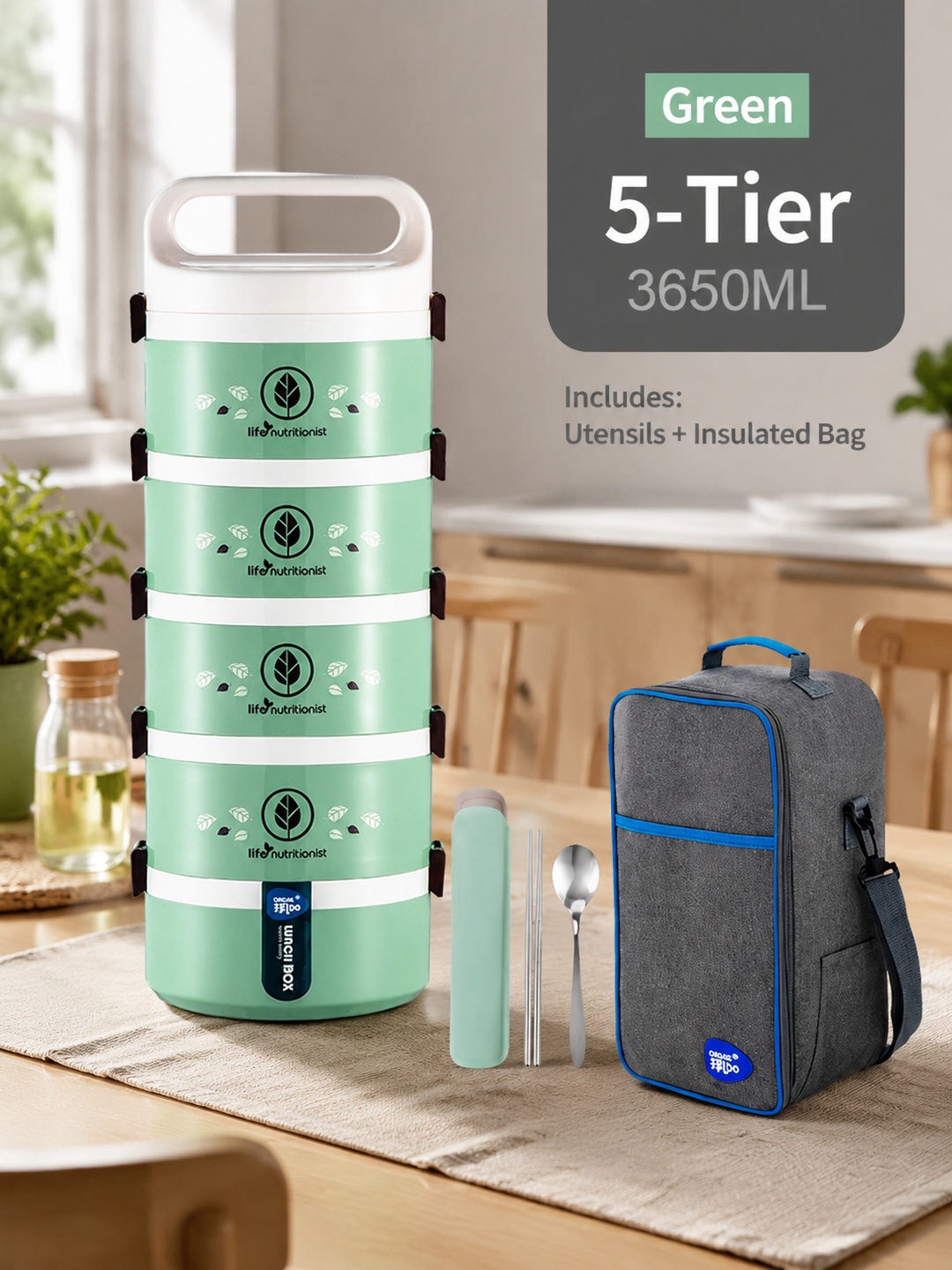 Green 5-Tier 3650ml Insulated Lunch Box Set with Bag and Utensils