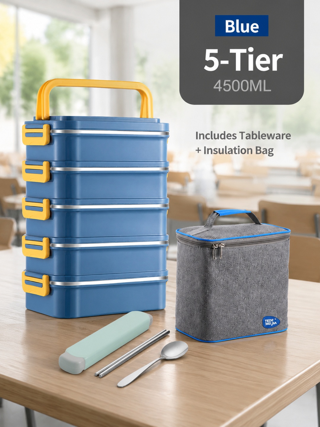 Blue 5-Tier Stainless Steel Insulated Lunch Box Set 4500ml