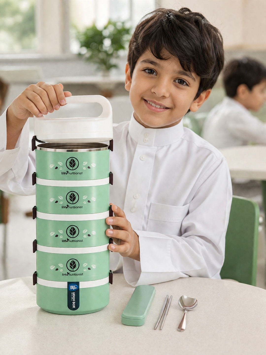 Green 5-Tier Insulated Lunch Box with Spoon and Chopsticks 3050ml