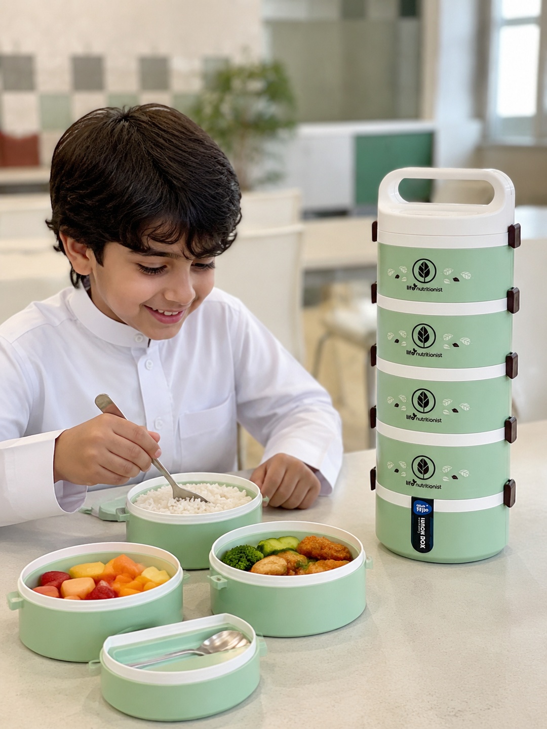 Green 5-Tier Insulated Lunch Box with Spoon and Chopsticks 3050ml