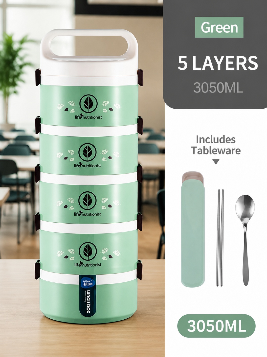 Green 5-Tier Insulated Lunch Box with Spoon and Chopsticks 3050ml