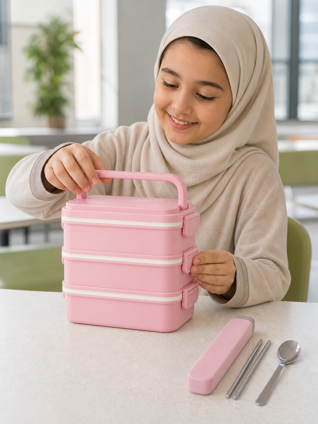 Pink 3-Tier 2700ml Sealed Lunch Box with Spoon and Chopsticks