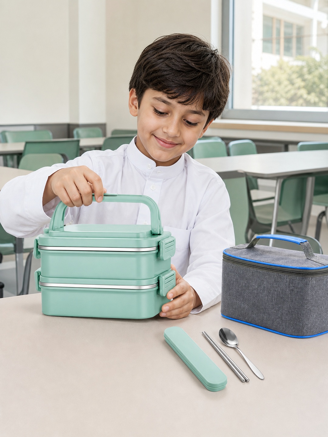 Green 1800ml 2-Tier Stainless Steel Lunch Box with Utensils Bag